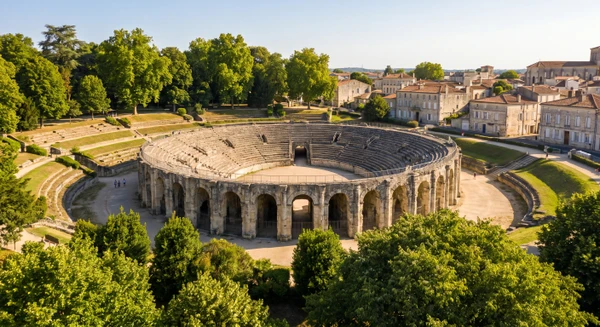 Vue emblématique de Saintes montrant un élément architectural ou urbain caractéristique et reconnaissable de la ville, photographié en plein jour avec un ciel dégagé. L'image doit être prise en conditions d'éclairage naturel optimal, de qualité professionnelle, sans texte, logo ou filigrane, et visuellement distincte d'une simple façade maritime pour apporter une variété visuelle à la section localisation aux côtés des vues de La Rochelle et Rochefort.
