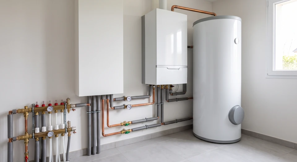 Photographie en intérieur moderne d'une unité intérieure de pompe à chaleur air-eau installée au mur ou au sol, montrant clairement le boîtier de la pompe à chaleur avec ses raccordements, accompagnée d'une vue partielle de radiateurs ou d'un système de distribution de chaleur. Alternativement, vue d'un intérieur confortable et bien chauffé avec radiateur en fonctionnement, évoquant le confort thermique apporté par un système complet de chauffage et eau chaude sanitaire.