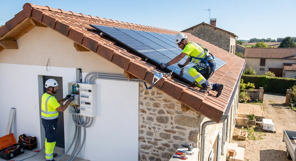 Maison résidentielle avec installation de panneaux solaires photovoltaïques sur toiture en tuiles rouges