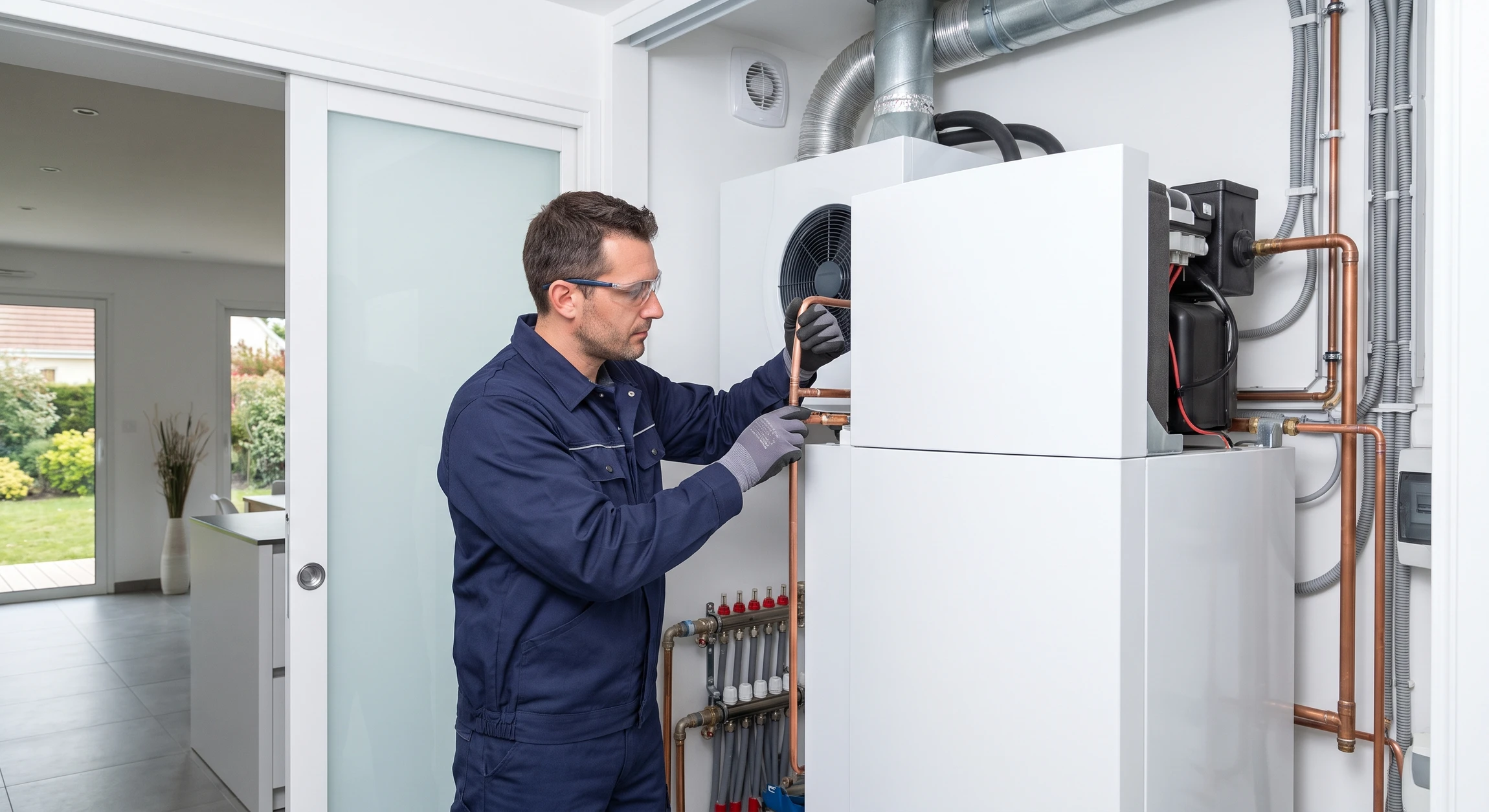 Chantier de rénovation résidentielle montrant deux artisans de spécialités différentes travaillant en coordination : un installateur de pompe à chaleur ou panneaux solaires et un électricien collaborant ensemble, illustrant la coordination et l'efficacité d'une équipe multi-compétences sur un chantier de rénovation énergétique.