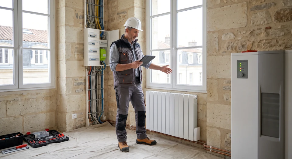 Plombier professionnel intervenant sous évier de cuisine, agenouillé sur carrelage blanc
