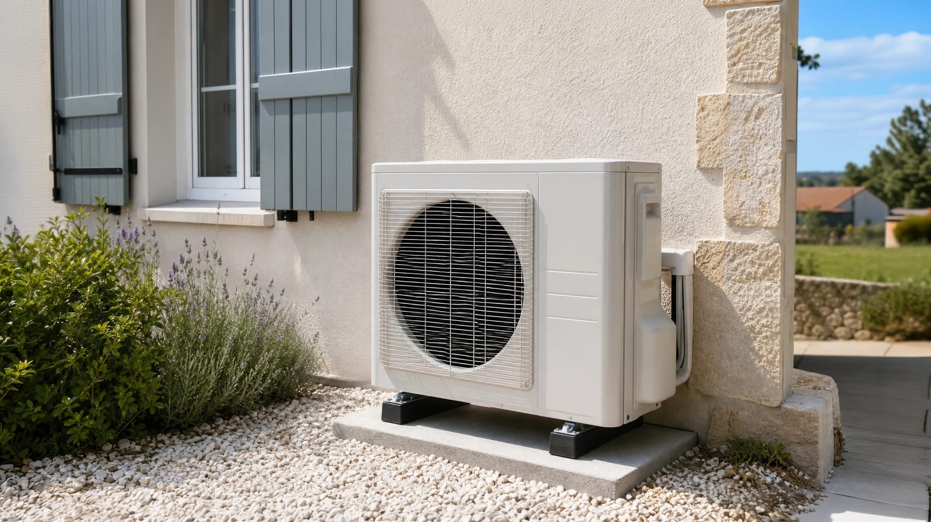 Extérieur d'une habitation avec unité extérieure de climatisation installée sur terrasse pavée, contre mur en pierre naturelle