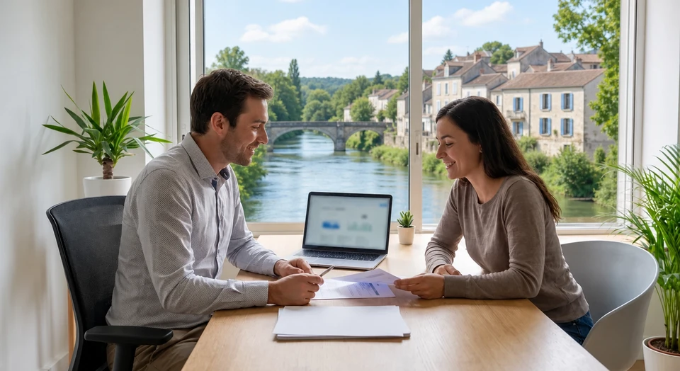 Gros plan sur un conseiller ou administrateur souriant en consultation avec un client, assis à un bureau avec documents de dossier d'aide financière et écran d'ordinateur visible, dans un environnement de bureau professionnel bien éclairé. L'image doit transmettre la notion d'accompagnement administratif, de confiance et de soutien dans les démarches de financement, sans texte visible sur les documents.