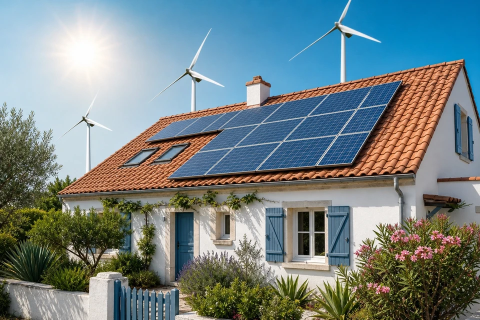 Photographie réaliste d'une maison individuelle moderne avec une petite éolienne domestique à trois pales installée sur le toit ou le terrain adjacent, sous ciel dégagé. La maison doit être clairement résidentielle avec jardin, la petite éolienne en rotation doit être distinctement visible et proportionnée à une installation domestique (pas un parc éolien). L'image doit montrer l'autonomie énergétique et l'autoconsommation d'une habitation particulière.